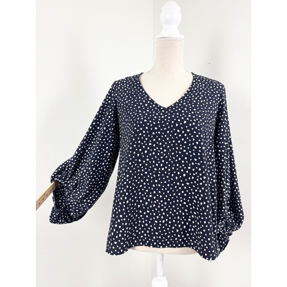 VICI Navy Blue White Heart Print Balloon Sleeve V-Neck Blouse Small Office